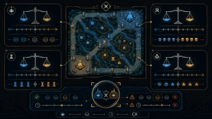 롤토토 핸디캡 5대5 MOBA 경기의 세트 킬 타워 오브젝트 핸디캡 기준을 균형 저울과 조정선으로 표현한 일러스트